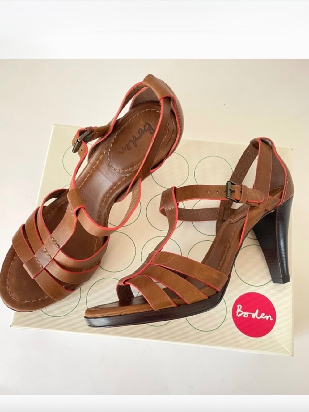 Boden Uptown Heel Tan Brown Leather Sandal 40 with Box